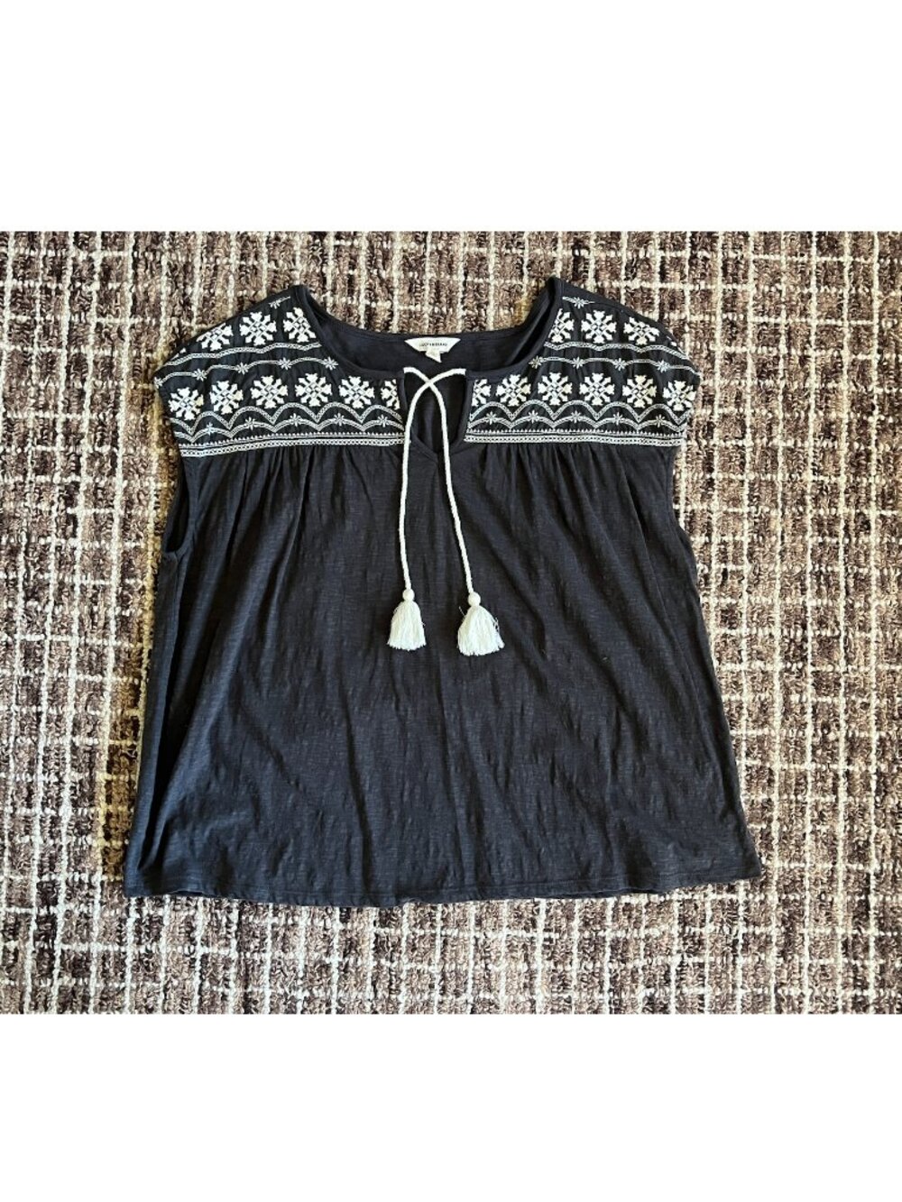 Lucky Brand Dark Grey Top with Embroidery and Tassles